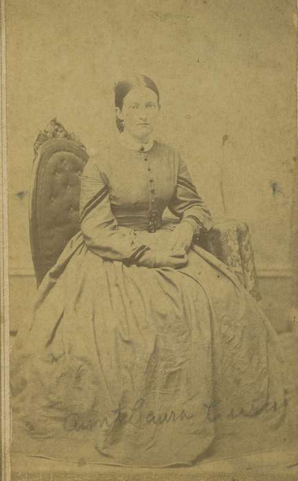 woman, Olsson, Ann and Jons, dress, carte de visite, collared dresses, paisley, Iowa History, chair, hoop skirt, dropped shoulder seams, Portraits - Individual, Iowa, Independence, IA, history of Iowa