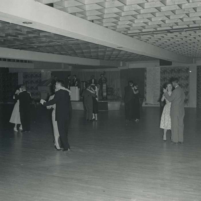 Iowa, Waverly Public Library, dance, dress shoes, accordion, suit, correct date needed, shoes, Iowa History, band, dance floor, couple, building interior, bass, piano, Waverly, IA, Leisure, chair, history of Iowa, Businesses and Factories