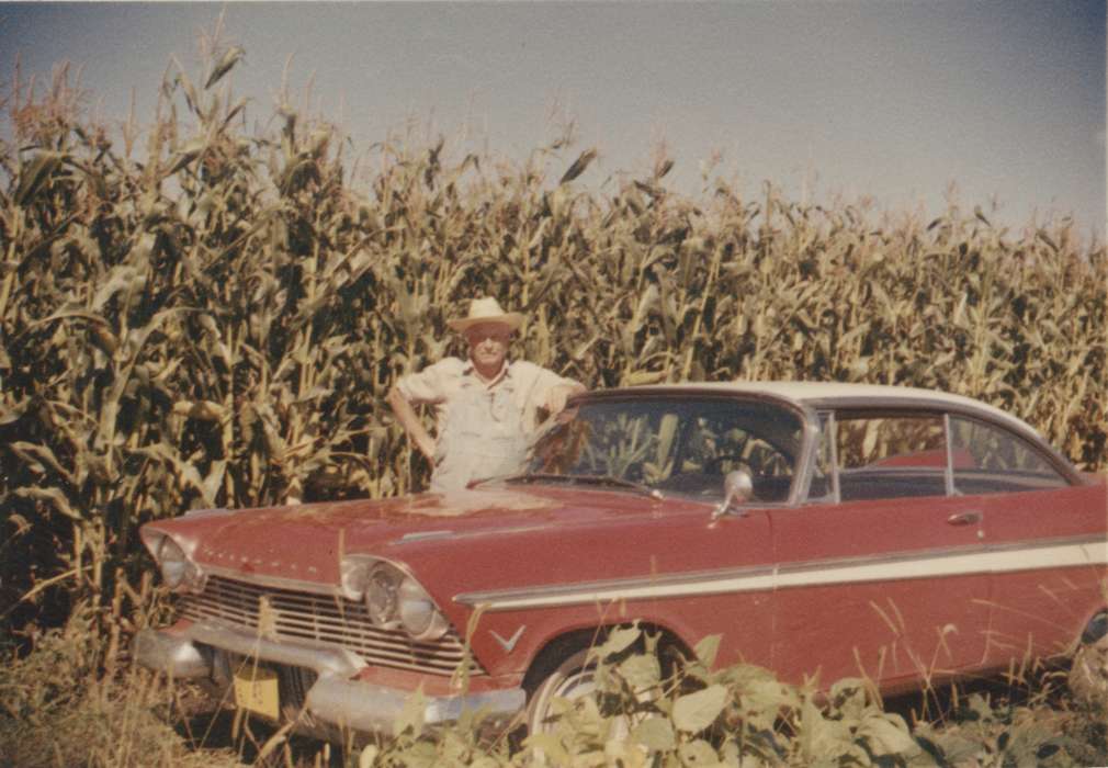 farmer, Yezek, Peter, Farms, history of Iowa, corn, car, plymouth, St. Ansgar, IA, Iowa History, Motorized Vehicles, hat, crops, Iowa