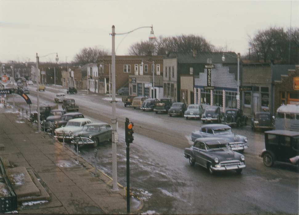 Iowa, Winter, Businesses and Factories, Waverly Public Library, Waverly, IA, cars, history of Iowa, bus, truck, streetlights, Iowa History, Motorized Vehicles, business, Cities and Towns