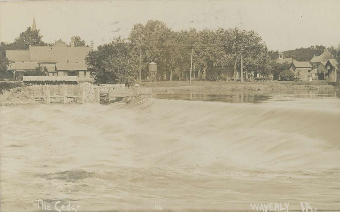lake, homes, Waverly Public Library, landscape, Iowa History, postcard, Waverly, IA, pond, Landscapes, Iowa, history of Iowa