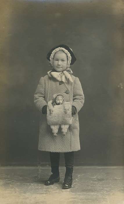 girl, history of Iowa, Children, doll, black boot, Portraits - Individual, Waverly Public Library, Iowa, Iowa History, correct date needed, coat