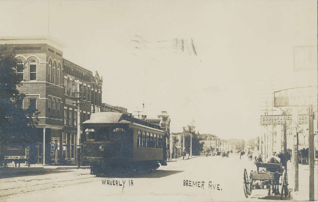 Waverly Public Library, Cities and Towns, downtown, Iowa History, history of Iowa, trolley, Main Streets & Town Squares, Motorized Vehicles, Iowa
