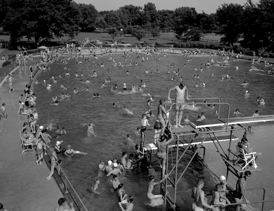 swimming pool, swimming suit, swimsuit, Lemberger, LeAnn, Iowa History, diving board, history of Iowa, Ottumwa, IA, Businesses and Factories, Outdoor Recreation, lifeguard, Families, bathing suit, Labor and Occupations, Children, Iowa, swimming cap