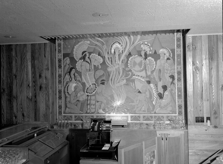 Lemberger, LeAnn, indigenous, wood panel, tapestry, cabinet, Ottumwa, IA, history of Iowa, cash register, Iowa, Iowa History, native american, Businesses and Factories, first nation, bar, glass