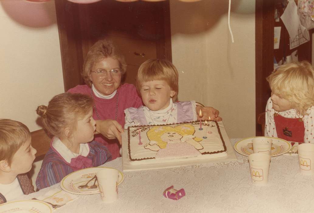 bangs, Children, Homes, children, Food and Meals, Portraits - Group, birthday cake, history of Iowa, Iowa History, East, Lindsey, glasses, birthday party, Reinbeck, IA, Families, Iowa