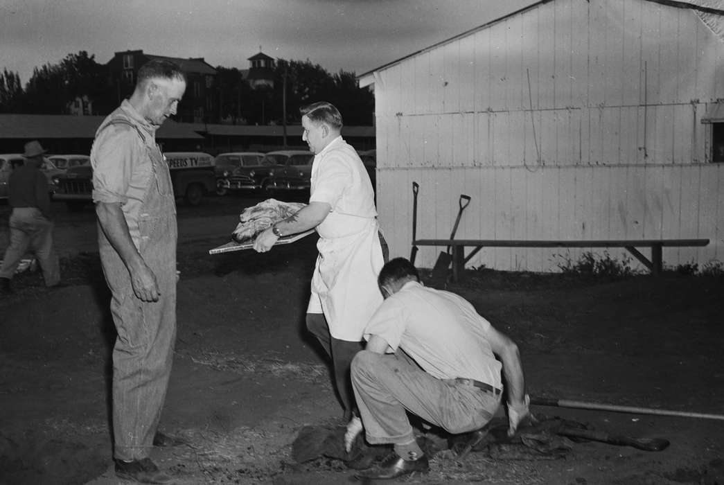Food and Meals, overalls, United States, history, ia, Photos, Religion, shovel, Coon Rapids Enterprise, historic, Iowa, men at work, IA, meat tray, Coon Rapids