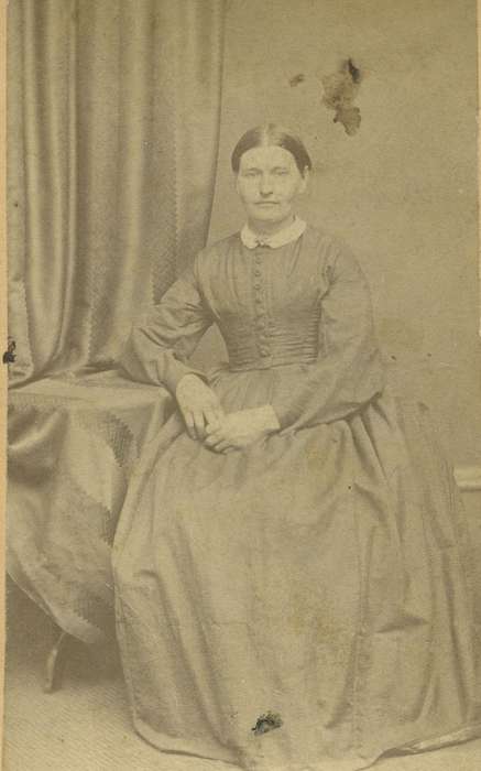 curtain, Decorah, IA, Portraits - Individual, collared dresses, woman, bishop sleeves, carte de visite, dropped shoulder seams, brooch, Iowa History, Olsson, Ann and Jons, Iowa, hoop skirt, lace collar, history of Iowa