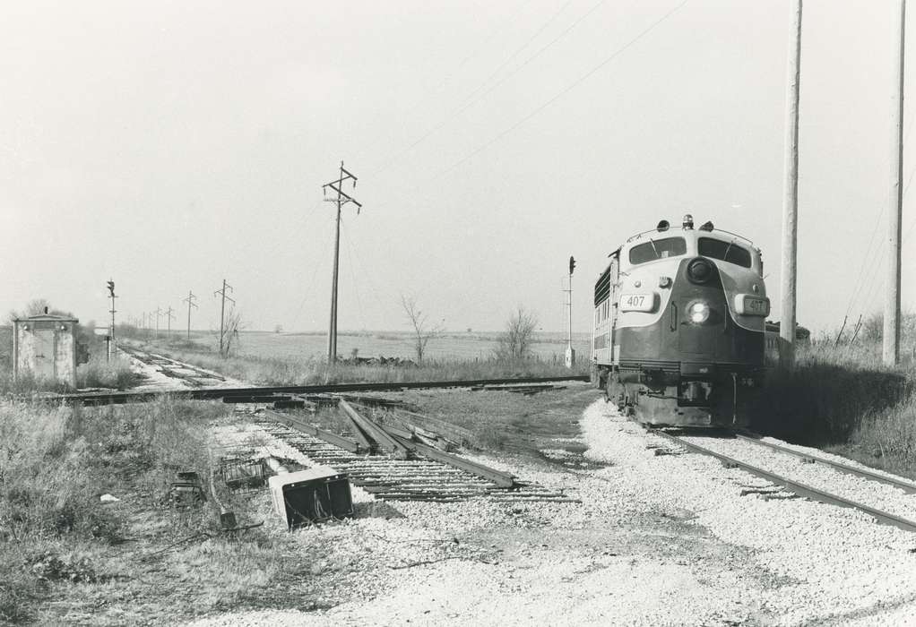 train, railroad, history of Iowa, Waverly Public Library, Motorized Vehicles, Iowa, Landscapes, power lines, Iowa History, Waverly, IA