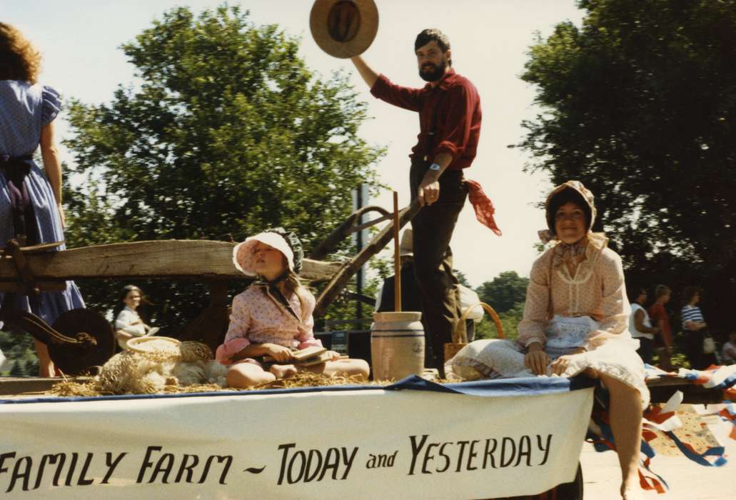 Families, Johnson County Historical Society, plow, Fairs and Festivals, straw hat, parade float, bonnets, Farming Equipment, butter churn, fourth of july, Holidays