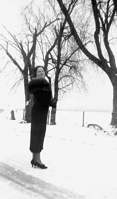 snow, Dike, IA, fur coat, high heels, Iowa, Iowa History, Winter, tree, Portraits - Individual, Fuller, Steven, history of Iowa
