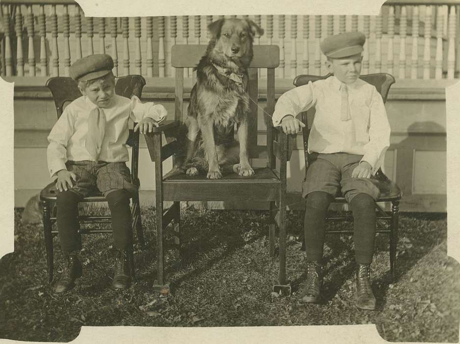 Owen, Jeff, dog, Animals, brother, Children, Iowa, Iowa History, Portraits - Group, cap, chair, history of Iowa, Monticello, IA
