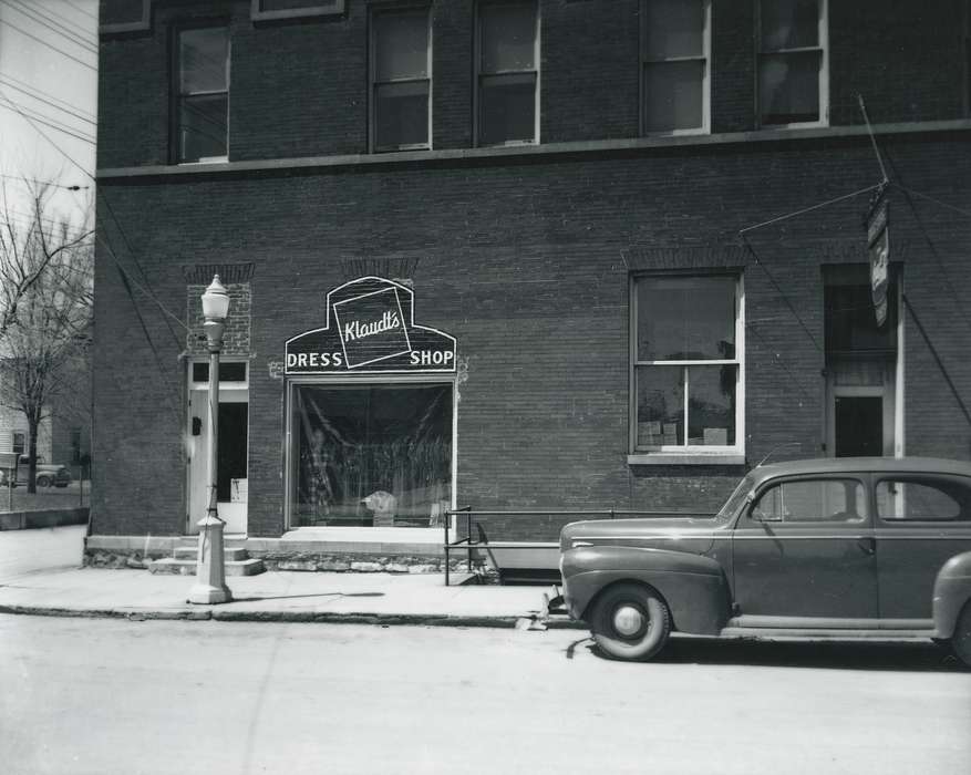 storefront, car, lamp post, Businesses and Factories, correct date needed, Waverly Public Library, Iowa History, street, clothing store, Iowa, history of Iowa