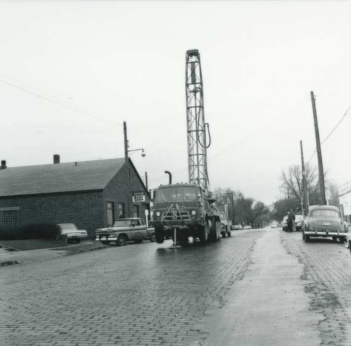 Waverly Public Library, Cities and Towns, drilling, Iowa, Iowa History, history of Iowa, Motorized Vehicles, brick street, car, truck