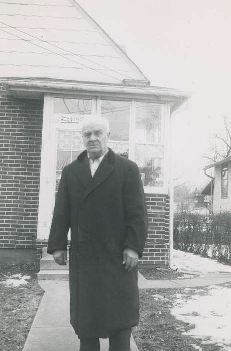 snow, old man, trench coat, correct date needed, Iowa History, melting snow, Cities and Towns, Zischke, Ward, Portraits - Individual, Iowa, brick home, history of Iowa