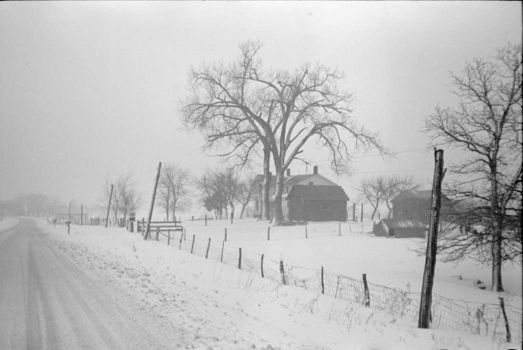 snow, fences, Iowa History, Barns, Winter, Iowa, Library of Congress, homestead, Farms, road, tree, history of Iowa