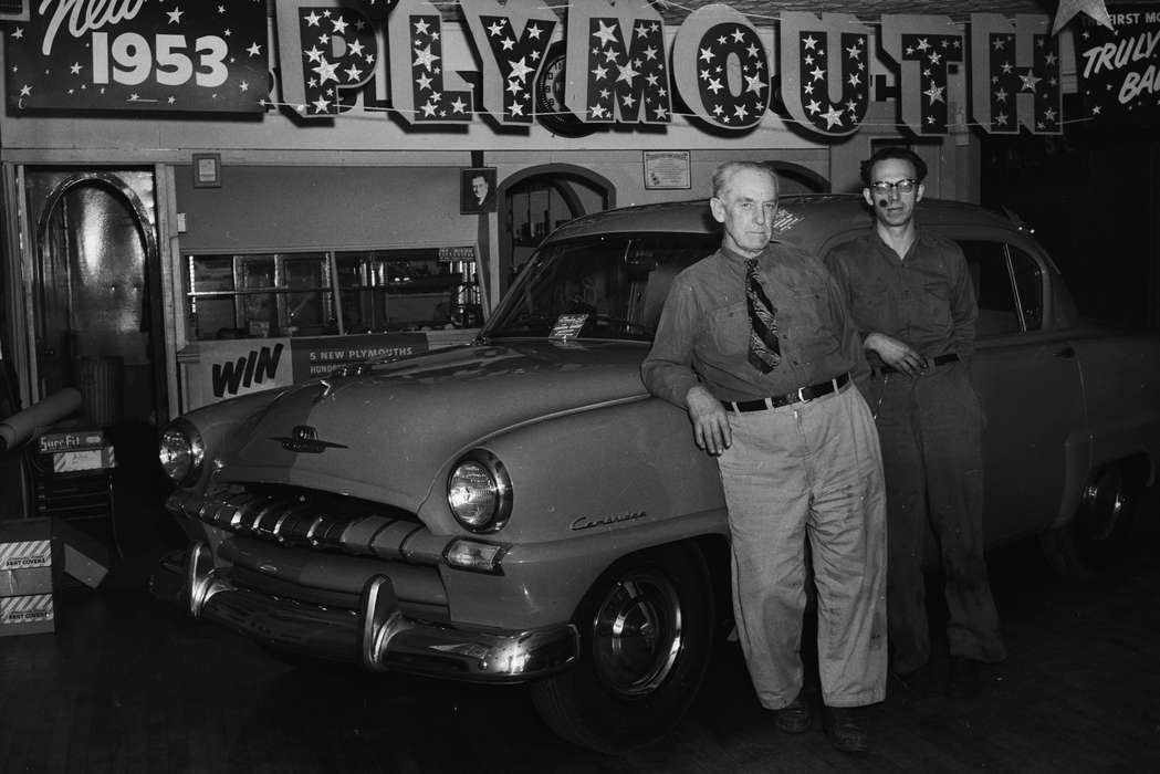 Businesses and Factories, plymouth, history, Photos, glasses, Labor and Occupations, frown, Iowa, IA, plymouth business coupe, banner, Motorized Vehicles, two men, Portraits - Individual, United States, ia, Coon Rapids Enterprise, necktie, historic, Coon Rapids