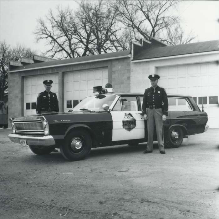 history of Iowa, police officer, men, police car, working men, Waverly Public Library, Iowa, Iowa History, Labor and Occupations, police