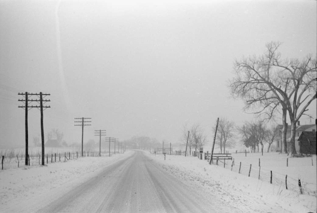 tree, Iowa History, snow, history of Iowa, power line, Library of Congress, road, Iowa, fence, Winter