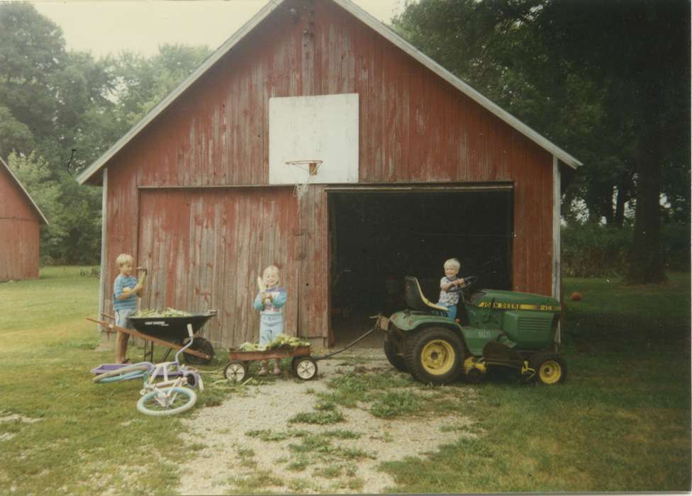 lawn mower, wheelbarrow, Children, Meyer, Susie, Iowa History, Portraits - Group, Families, Barns, bike, corn, Sumner, IA, Iowa, john deere, history of Iowa, Motorized Vehicles