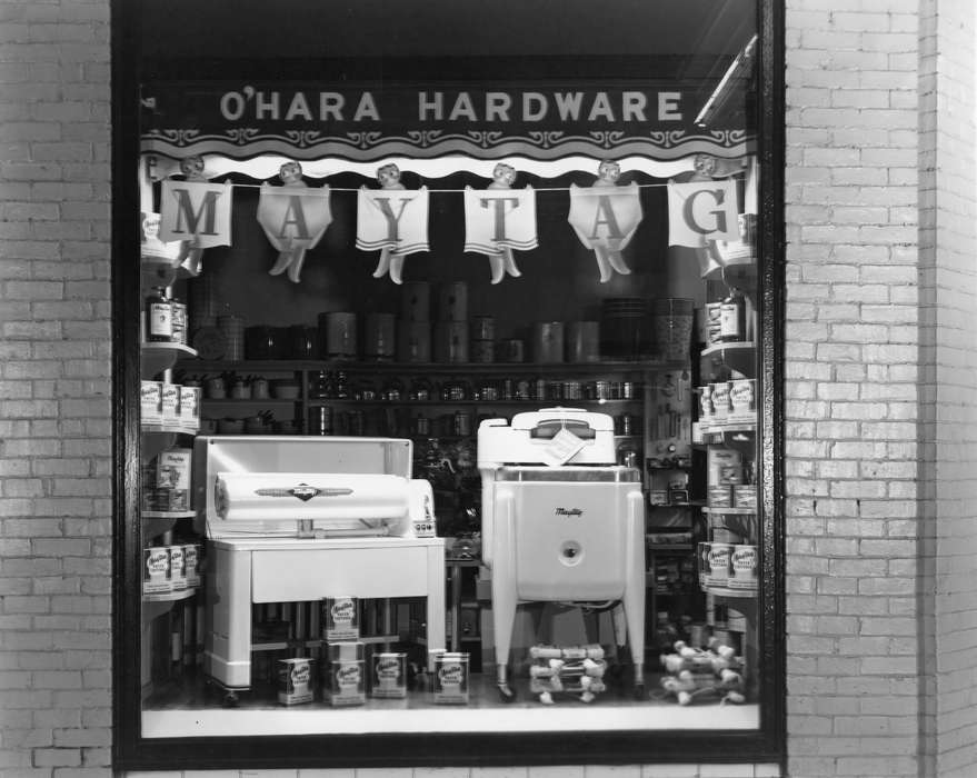 Main Streets & Town Squares, Cities and Towns, window display, maytag, storefront, hardware store, Lemberger, LeAnn, history of Iowa, Iowa History, Businesses and Factories, washing machine, Ottumwa, IA, Iowa