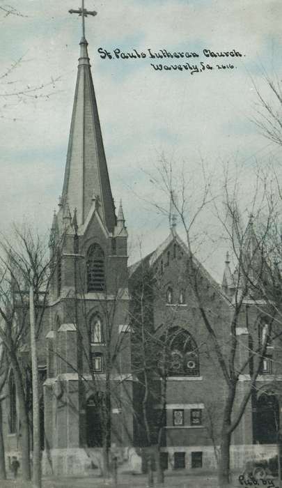 Waverly Public Library, church, tree, Iowa History, postcard, history of Iowa, Waverly, IA, Iowa, Religious Structures