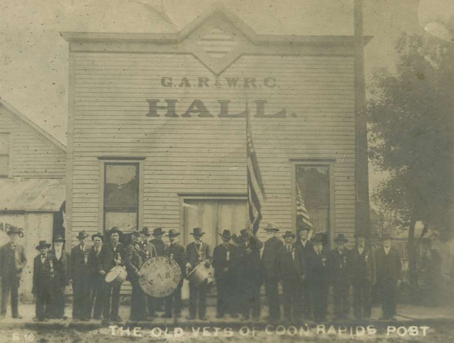 band, Military and Veterans, Coon Rapids, Photos, Coon Rapids Enterprise, history, ia, Portraits - Group, Main Streets & Town Squares, Iowa, american flag, correct date needed, IA, Cities and Towns, post office, Labor and Occupations, historic, drum, United States