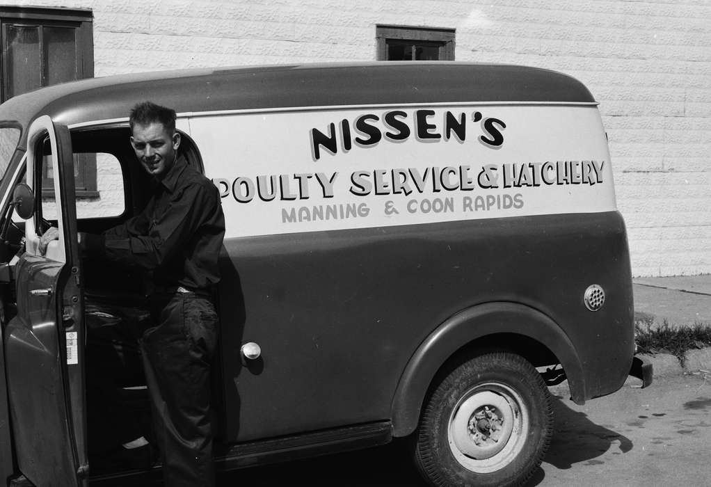 Businesses and Factories, Portraits - Individual, employee, United States, history, ia, Photos, Labor and Occupations, van, Coon Rapids Enterprise, historic, button up, Iowa, IA, Coon Rapids, Motorized Vehicles