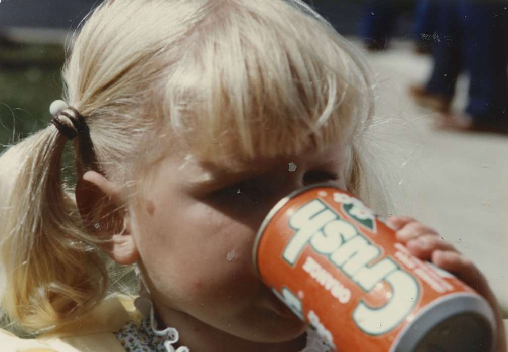 history of Iowa, child, Children, Reinbeck, IA, Food and Meals, Iowa, pigtails, Iowa History, can, East, Lindsey, soda