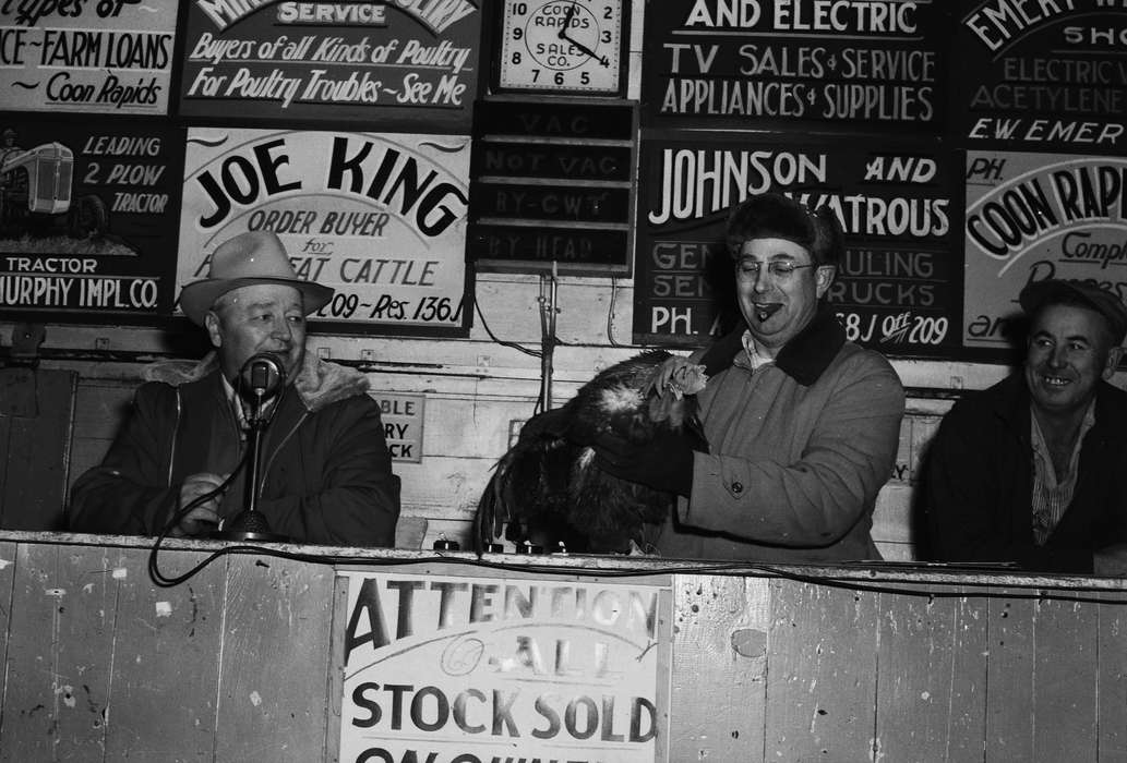 Portraits - Group, history, Photos, Labor and Occupations, winter coat, Animals, clock, Iowa, IA, stocking hat, signs, United States, ia, Coon Rapids Enterprise, panama hat, rooster, historic, auction, microphone, cigar, Coon Rapids