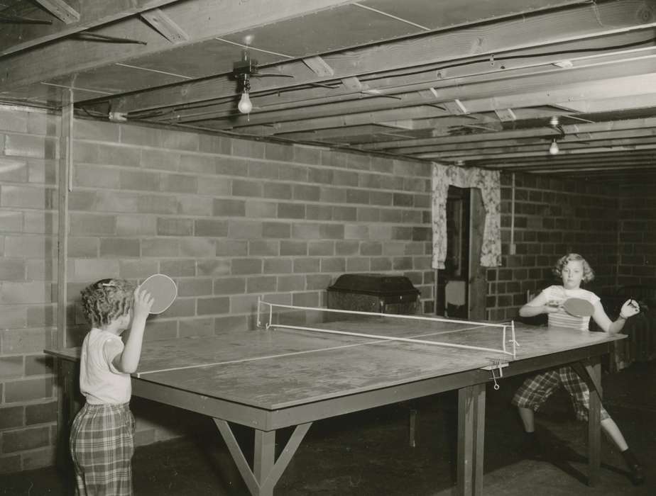 Children, basement, Leisure, ping pong, Iowa History, Iowa, Webster County, IA, Stewart, Phyllis, history of Iowa, table tennis