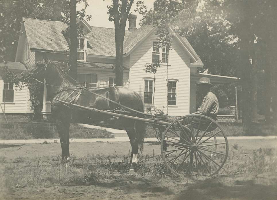 Waverly Public Library, horse and cart, horse drawn, Labor and Occupations, Farming Equipment, Animals, history of Iowa, Homes, Portraits - Individual, correct date needed, Iowa, Iowa History, farmer, horse, farm house, Farms