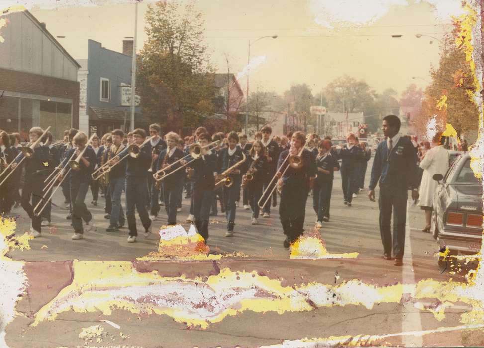 East, Ed, Iowa, Businesses and Factories, marching band, Waterloo, IA, african american, history of Iowa, car, instrument, Cities and Towns, parade, Iowa History, Motorized Vehicles, People of Color, Entertainment, store