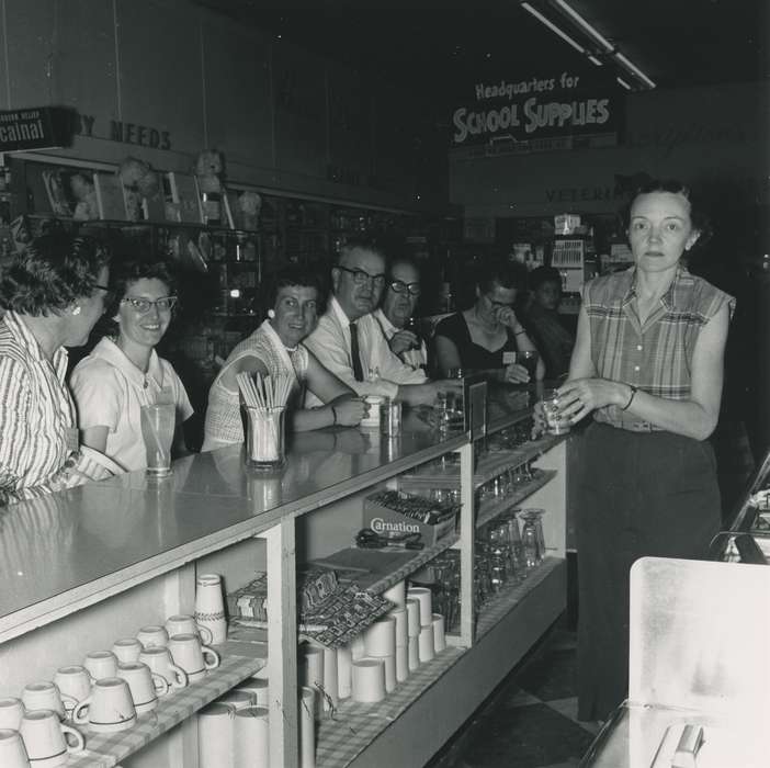 soda fountain, Portraits - Individual, waitress, Leisure, Food and Meals, Iowa, Waverly Public Library, diner, correct date needed, Iowa History, history of Iowa, Businesses and Factories, Bremer County, IA