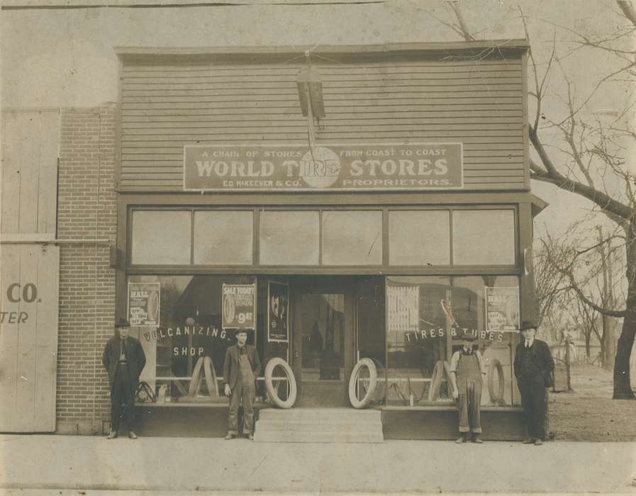 tires, large group picture, Waverly Public Library, Iowa History, top hat, Portraits - Group, Waverly, IA, tire store, Iowa, history of Iowa, Businesses and Factories