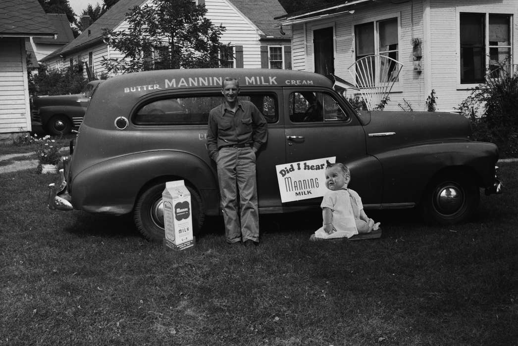 Businesses and Factories, history, Photos, Labor and Occupations, industries--milk products, Iowa, IA, signs, Homes, Motorized Vehicles, Portraits - Individual, United States, ia, car, Coon Rapids Enterprise, historic, business owner, Coon Rapids, milk man