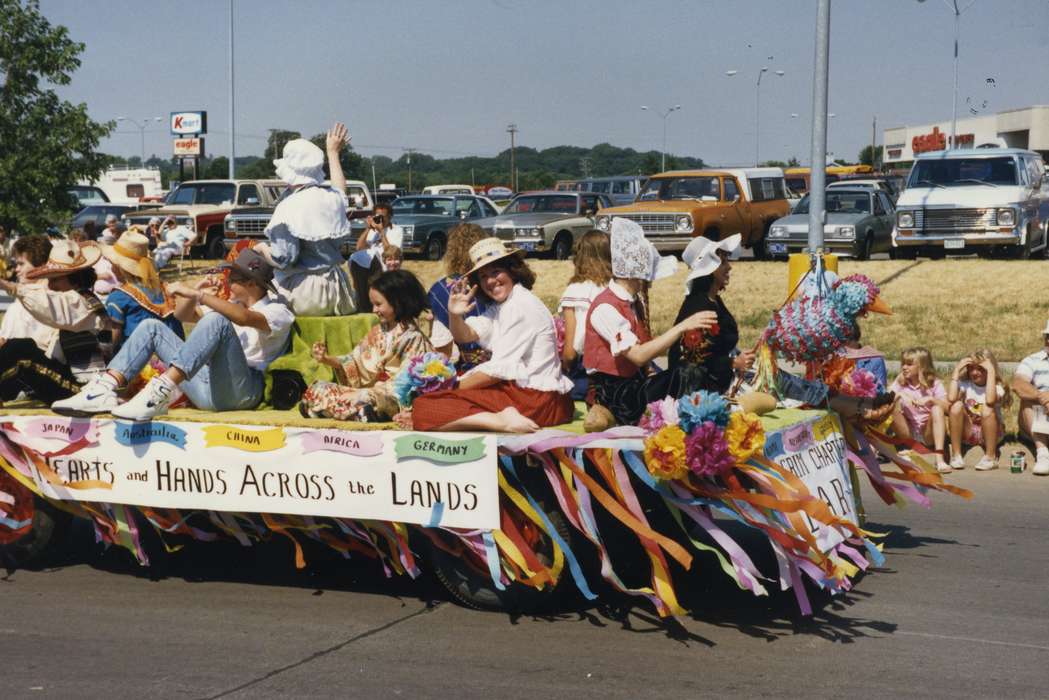daughters of the american revolution, parking lot, hats, kimono, Johnson County Historical Society, pinata, Fairs and Festivals, parade float, bonnets, Civic Engagement, Motorized Vehicles, fourth of july, Children, Holidays