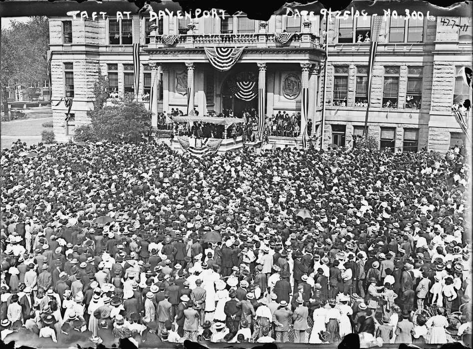 politics, Main Streets & Town Squares, rally, Library of Congress, bunting, crowd, Civic Engagement, Cities and Towns, campaign, Iowa, american flag, william howard taft, Iowa History, president, political, history of Iowa, speech