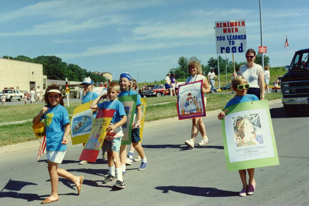 parking lot, parade, Johnson County Historical Society, Fairs and Festivals, reading, signs, fourth of july, Children, Holidays, Schools and Education, picture books
