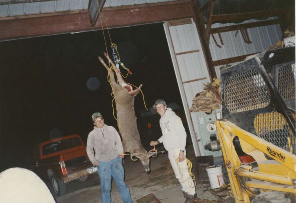 hunting, garage, Iowa History, Fairfax, IA, truck, Portraits - Group, Cech, Mary, Animals, Iowa, denim, history of Iowa, deer
