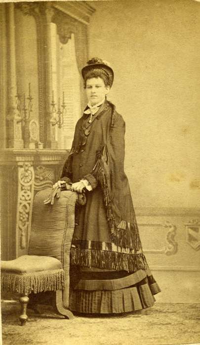 carte de visite, woman, lace collar, Portraits - Individual, hat, overcoat, gloves, dress, Iowa History, history of Iowa, necklace, painted backdrop, Olsson, Ann and Jons, Iowa, IA