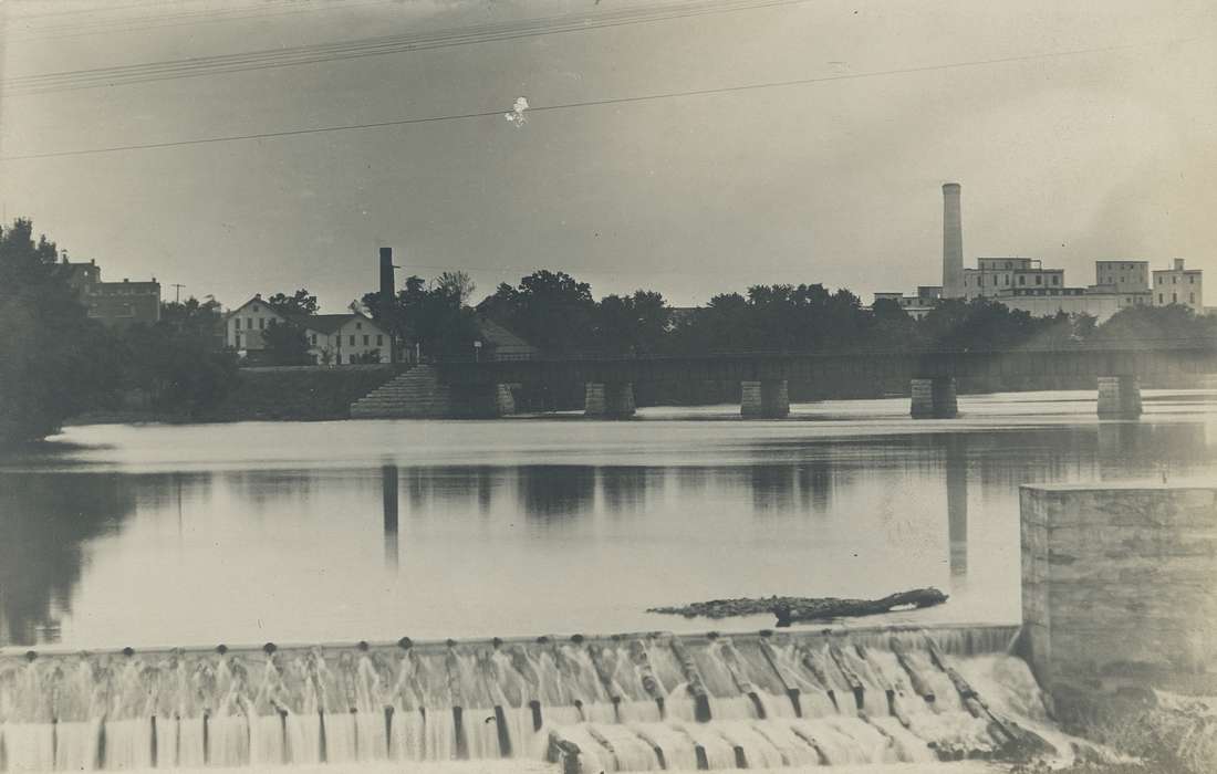 factory, Iowa History, dam, Waverly, IA, Iowa, train bridge, Waverly Public Library, Lakes, Rivers, and Streams, smokestack, Landscapes, history of Iowa, cedar river