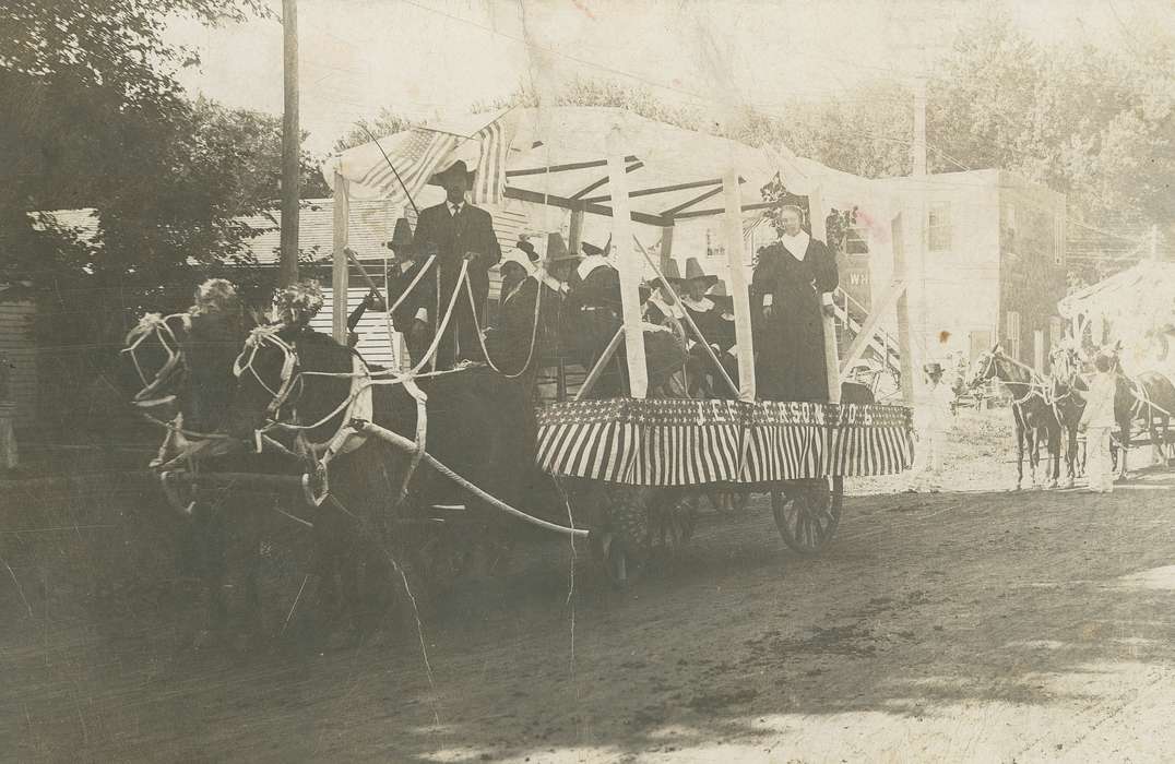 history of Iowa, parade, Fairs and Festivals, Entertainment, parade float, horse, correct date needed, Holidays, Iowa, Waverly Public Library, american flag, Cities and Towns, Iowa History, Civic Engagement, Animals, Portraits - Group, horse drawn, school float