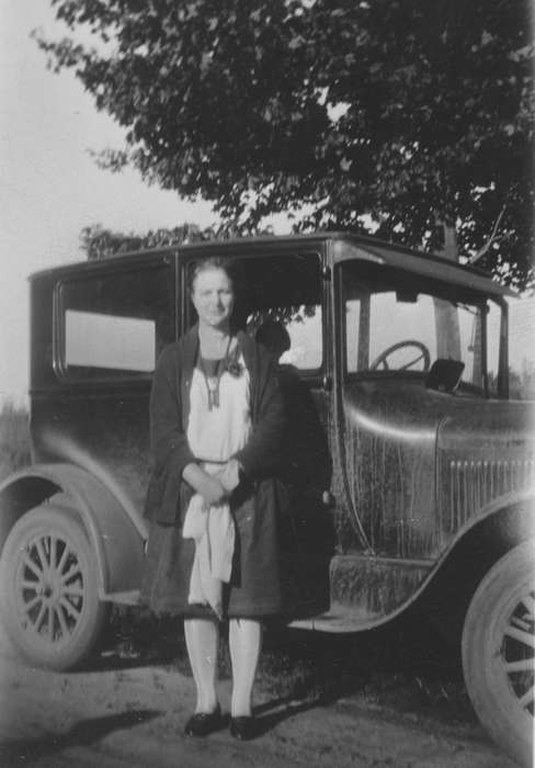 woman, Travel, Iowa History, car, mud, handkerchief, Portraits - Individual, automobile, Charles City, IA, Iowa, Lyman, Donna, history of Iowa, Motorized Vehicles