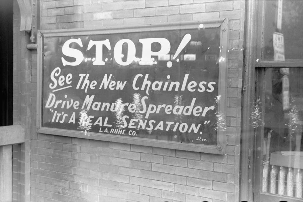 Iowa, Landscapes, history of Iowa, sign, farm equipment advertisement, Iowa History, Library of Congress, brick wall