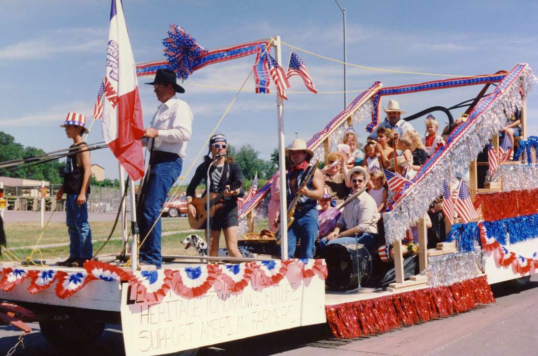 dalmatian dog, american flags, Johnson County Historical Society, Fairs and Festivals, parade float, electric guitar, acoustic guitar, Entertainment, drums, fourth of july, cowboy hat, bandana, Children, Holidays