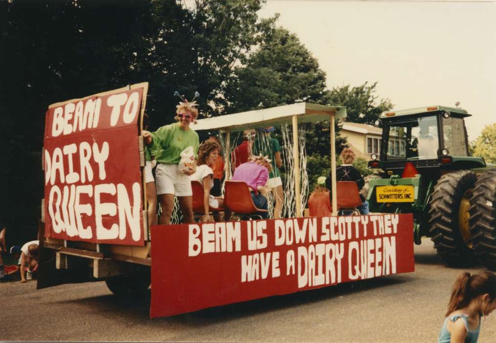 Cities and Towns, dairy queen, Fairs and Festivals, tractor, float, Iowa History, parade, Cech, Mary, Iowa, history of Iowa, Fairfax, IA