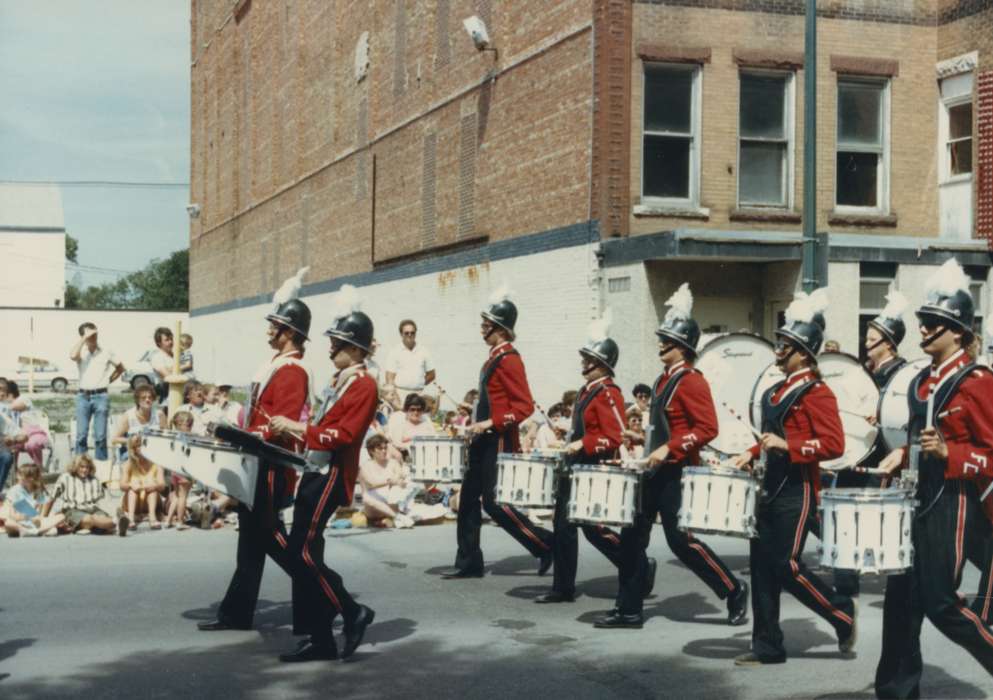 uniform, Cities and Towns, history of Iowa, Fairs and Festivals, marching band, musician, Frank, Shirl, Iowa History, drums, parade, Iowa, Algona, IA, Main Streets & Town Squares