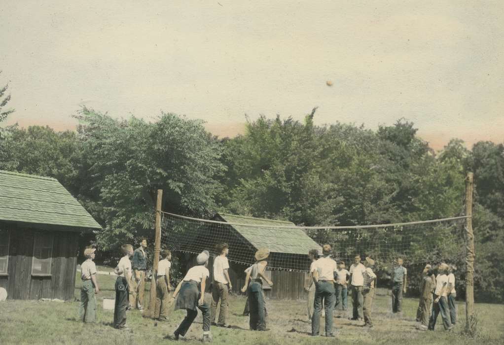 Children, boy scouts, McMurray, Doug, Iowa History, volleyball, Outdoor Recreation, camp, Iowa, colorized, Webster County, IA, Sports, history of Iowa