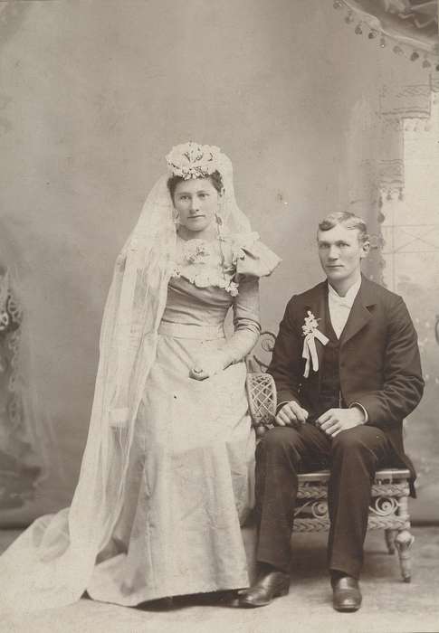 marriage, wedding dress, correct date needed, Waverly Public Library, portrait, couple, Iowa History, Waverly, IA, Iowa, suit, history of Iowa